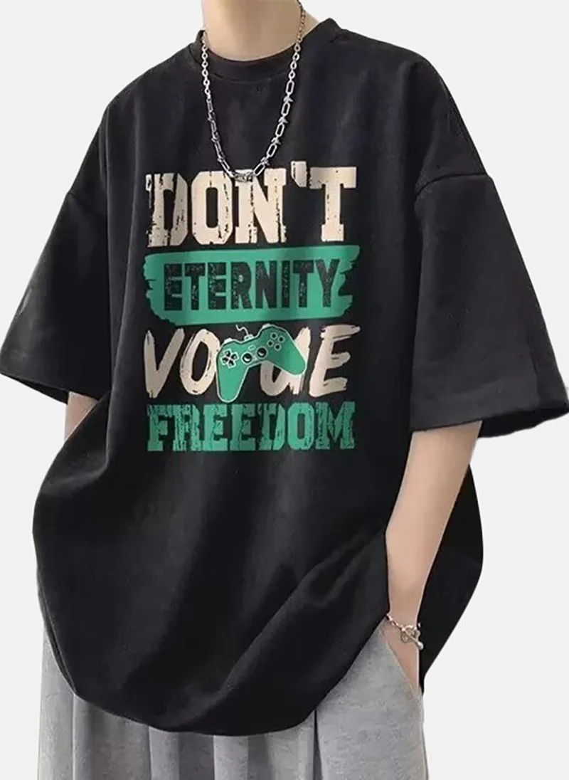 YUNIQEE Black Printed Half Sleeve Round Neck T-Shirt