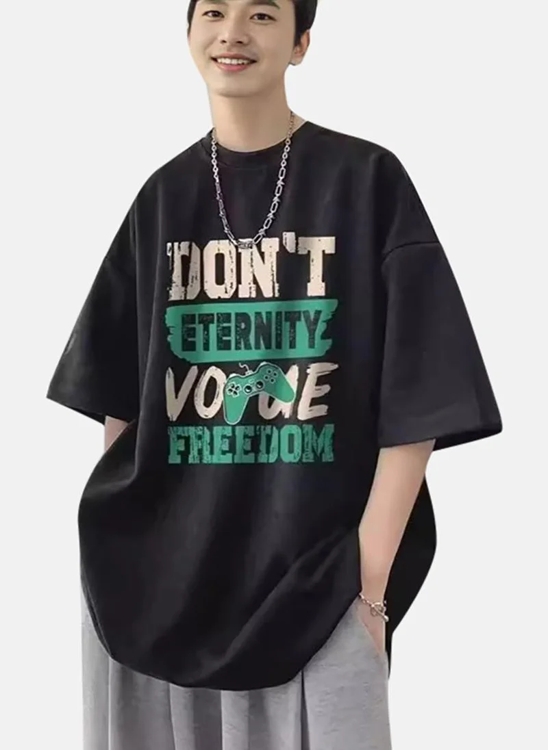 يونيكي Black Printed Half Sleeve Round Neck T-Shirt