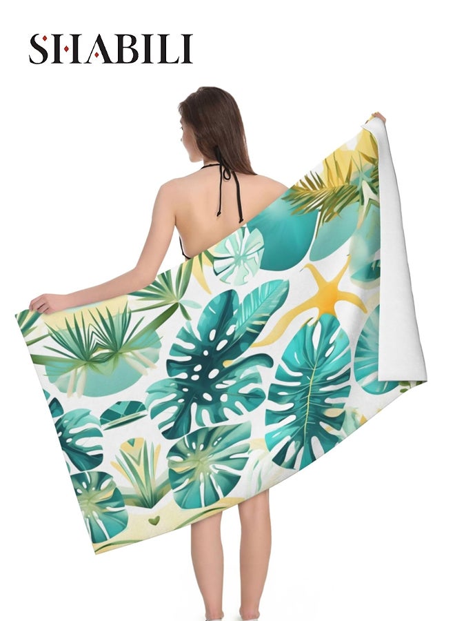 شبيلي منشفة شاطئ كبيرة جدًا ‎150×75‎ سم من الألياف الدقيقة، مقاومة للرمل، من لوازم الشاطئ وسريعة الجفاف للسفر، منشفة مسبح باردة قابلة للغسل في الغسالة بنقشة أوراق ناعمة للبالغين والأطفال للشاطئ والسباحة والسفر - Image 1