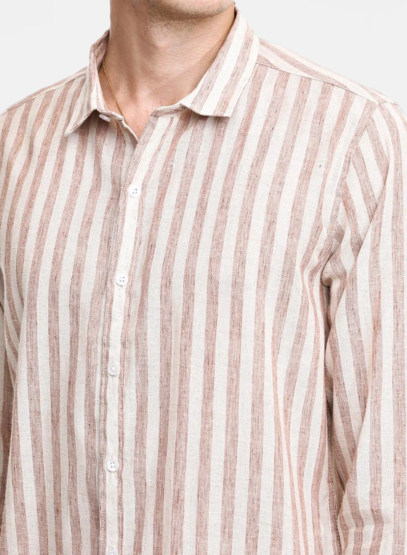 كامبوس سوترا Men's Tan Brown Heathered-Stripe Shirt