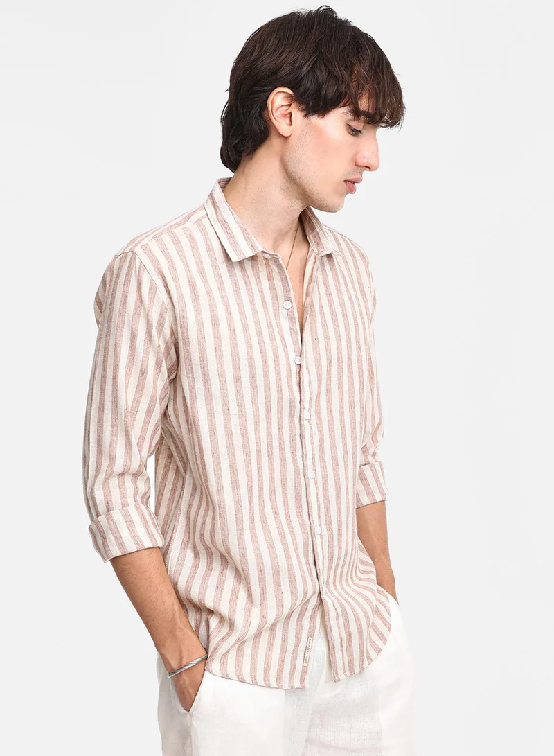 كامبوس سوترا Men's Tan Brown Heathered-Stripe Shirt