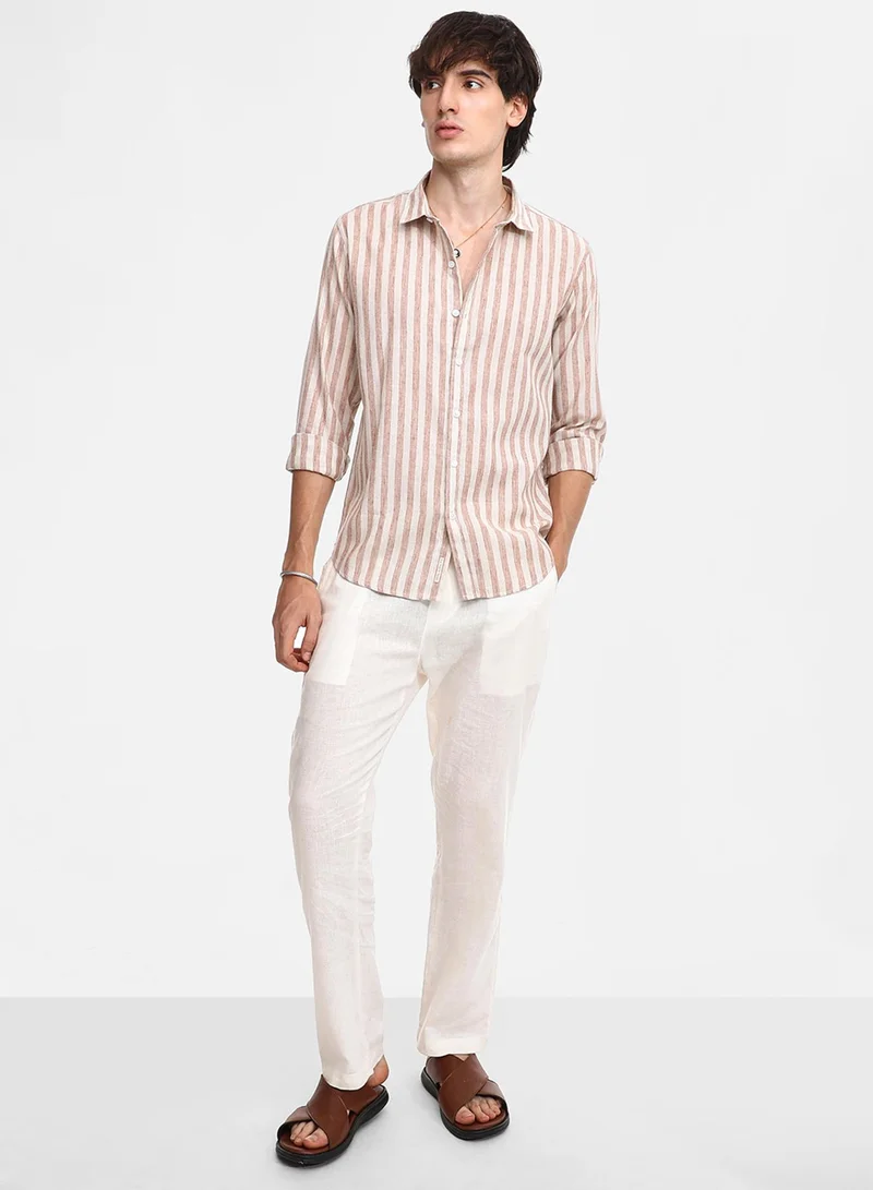 كامبوس سوترا Men's Tan Brown Heathered-Stripe Shirt