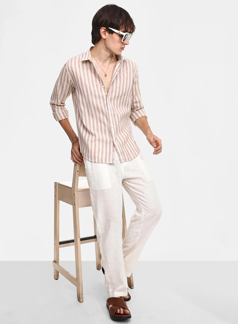 كامبوس سوترا Men's Tan Brown Heathered-Stripe Shirt