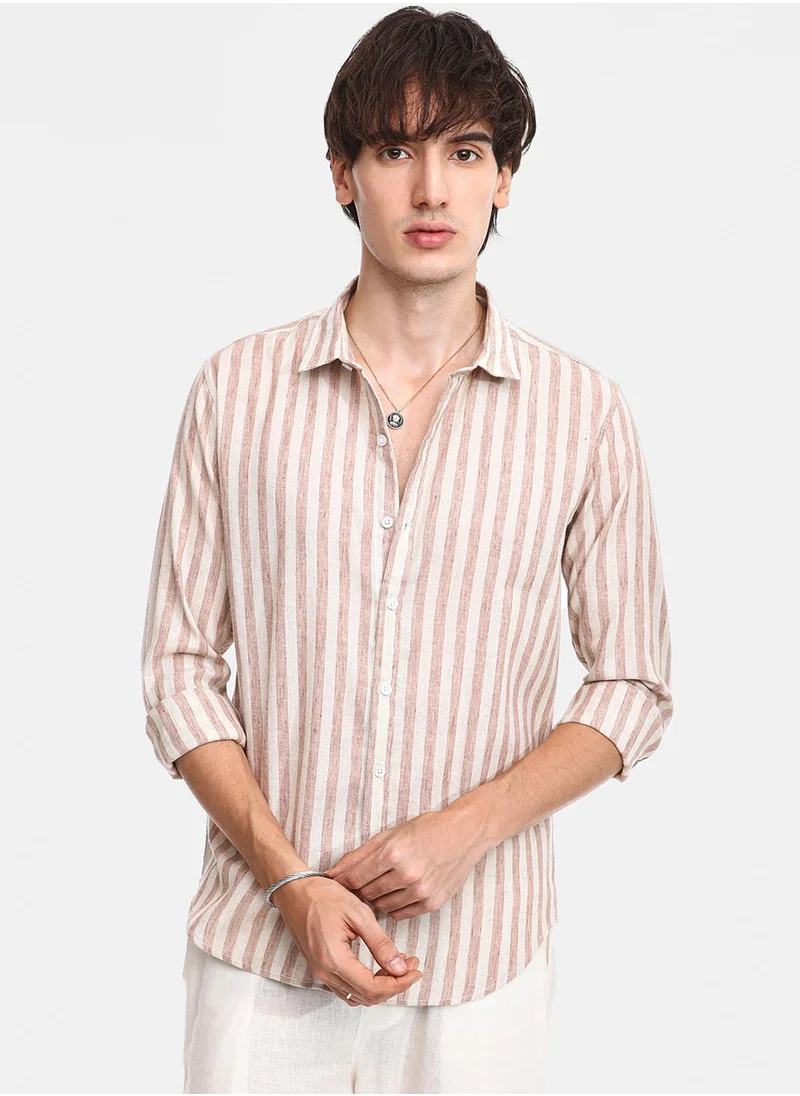كامبوس سوترا Men's Tan Brown Heathered-Stripe Shirt