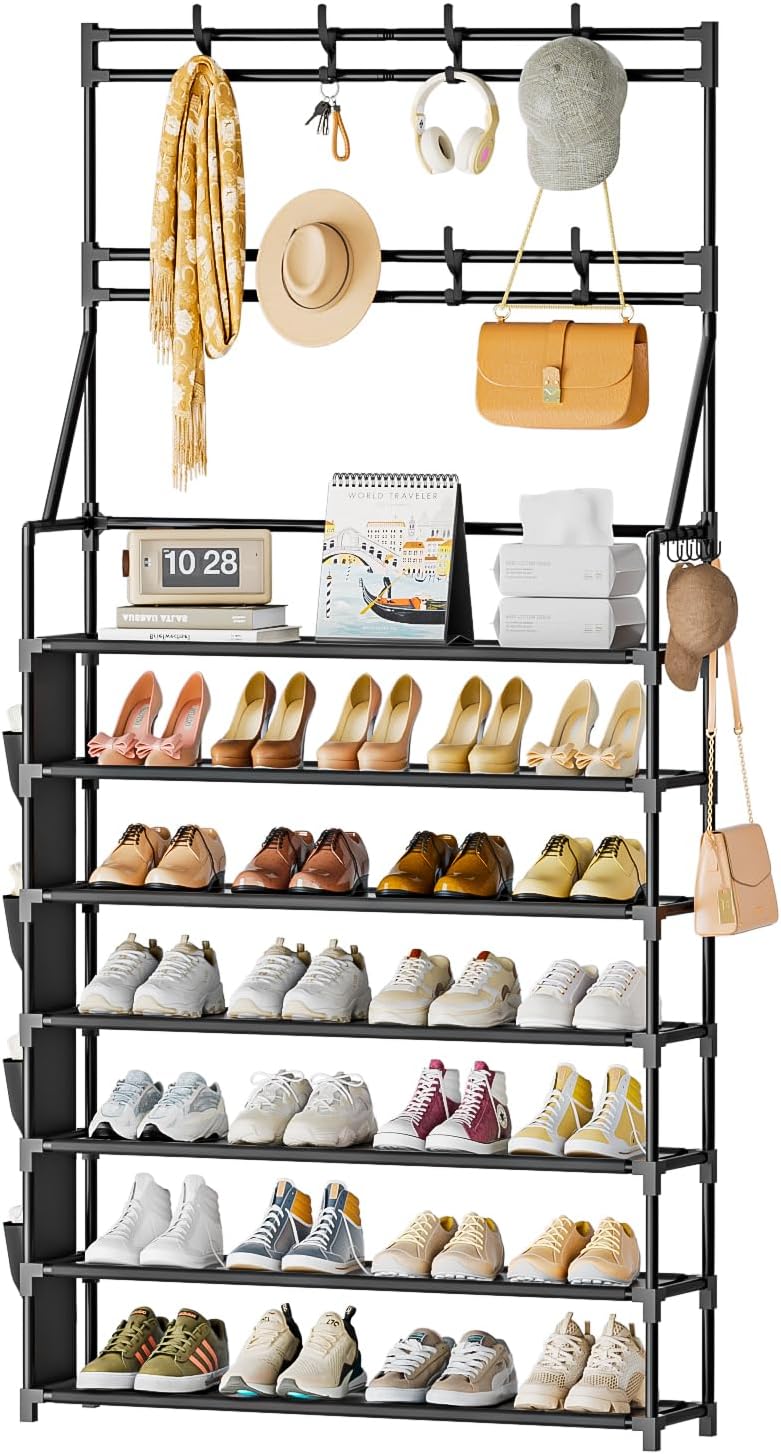 OYREL Shoe Rack 7 Tier Shoe Racks Organizer 28-35 Pairs Shoes Rack for Closet Entrance Shoe Storage Organizer with Hooks and Side Pocket Entryway Shoe Holder Space Saving Free Standing Shoe Racks - Image 1