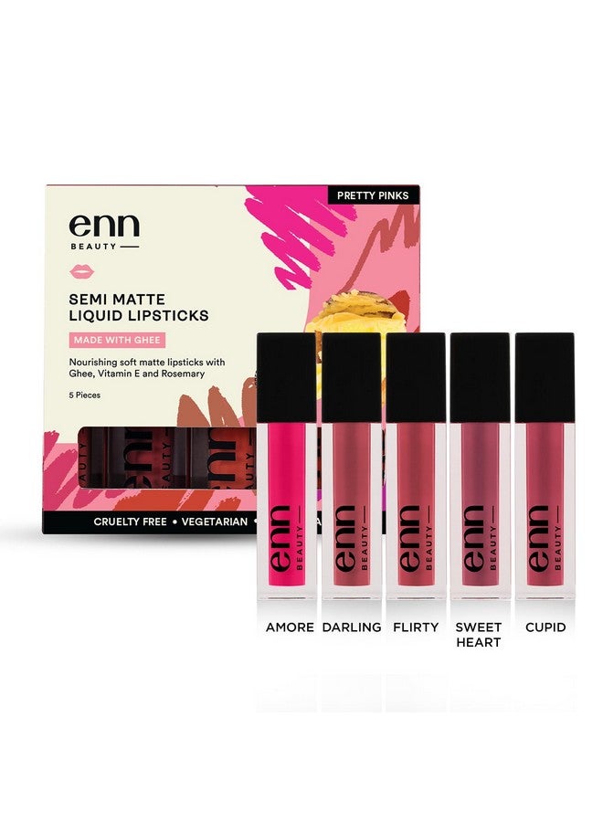 Enn Long Lasting Semi Matte nourishing soft Liquid Lipsticks With 12 Hour Coverage, Transferproof, Highly Pigmented Godness of Natural Ingredients of Ghee,Vitamin-E & Rosemary-Pack Of 5 (Pretty Pinks) - Image 1