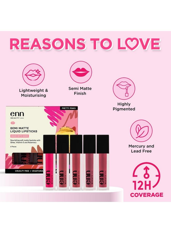 Enn Long Lasting Semi Matte nourishing soft Liquid Lipsticks With 12 Hour Coverage, Transferproof, Highly Pigmented Godness of Natural Ingredients of Ghee,Vitamin-E & Rosemary-Pack Of 5 (Pretty Pinks) - Image 4