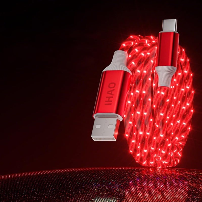 IHAO كابل شاحن IHAO من USB A إلى Type C PD بقوة 60 واط سريع الشحن مع إضاءة LED مرئية باردة متدفقة لجميع أجهزة USB C - 39 بوصة أحمر نجمي - Image 1
