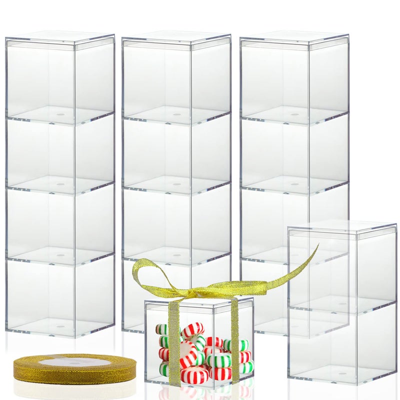 Lainrrew Clear Plastic Square Cube,15 Pack Small Acrylic Plastic Storage Box with Lids Transparent Clear Square Containers Display Boxes Gift Box with Glitter Ribbon for Candy Pill Jewelry Christmas (1.8 - Image 1