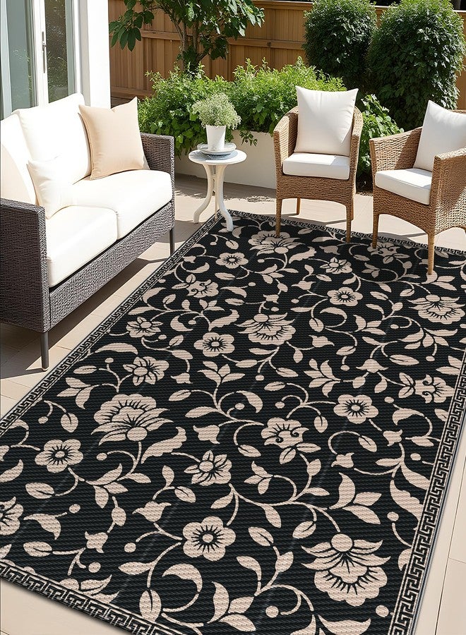 OLANLY Waterproof Outdoor Rug 5x8 ft, Outdoor Plastic Straw Rug with Flower Pattern, Reversible RV Mat, Large Patio Rug for Patio, Camping, Balcony, Deck, Backyard, Black & Beige - Image 1
