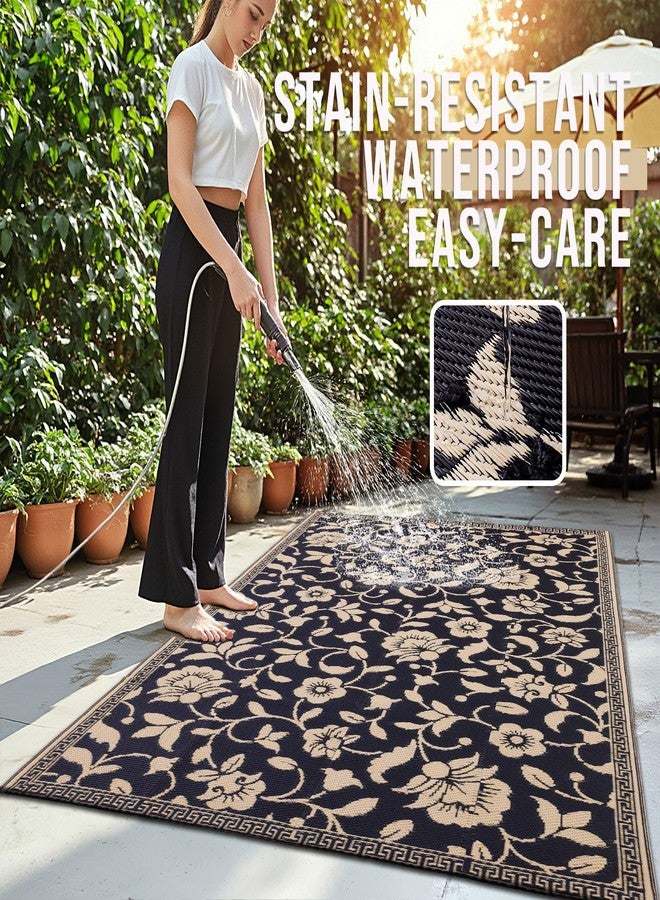 OLANLY Waterproof Outdoor Rug 5x8 ft, Outdoor Plastic Straw Rug with Flower Pattern, Reversible RV Mat, Large Patio Rug for Patio, Camping, Balcony, Deck, Backyard, Black & Beige - Image 3