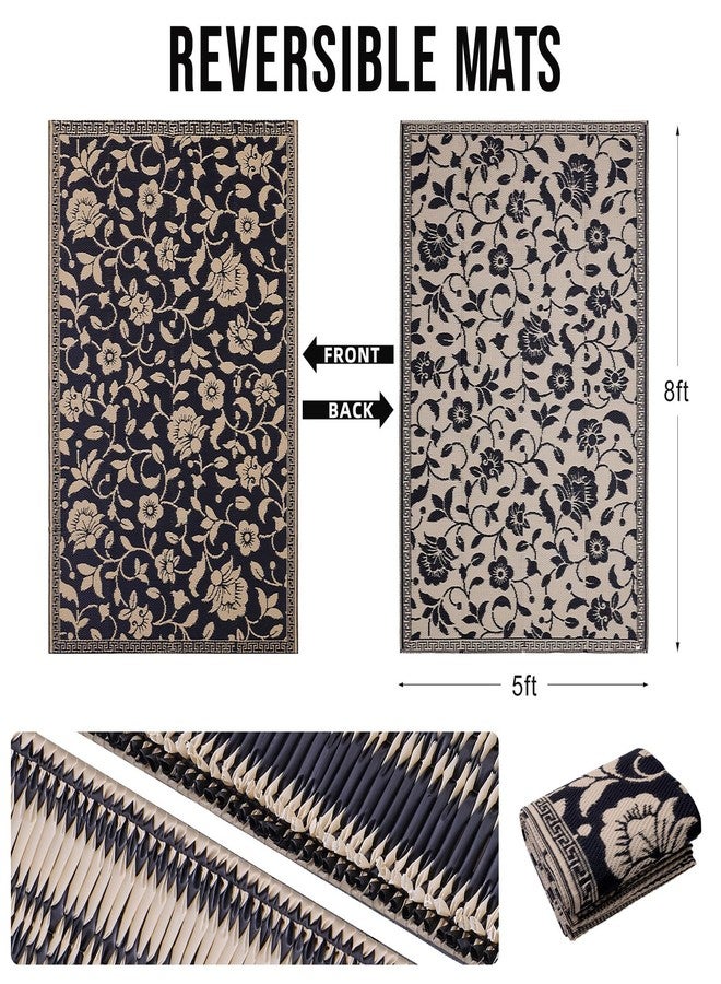 OLANLY Waterproof Outdoor Rug 5x8 ft, Outdoor Plastic Straw Rug with Flower Pattern, Reversible RV Mat, Large Patio Rug for Patio, Camping, Balcony, Deck, Backyard, Black & Beige - Image 2