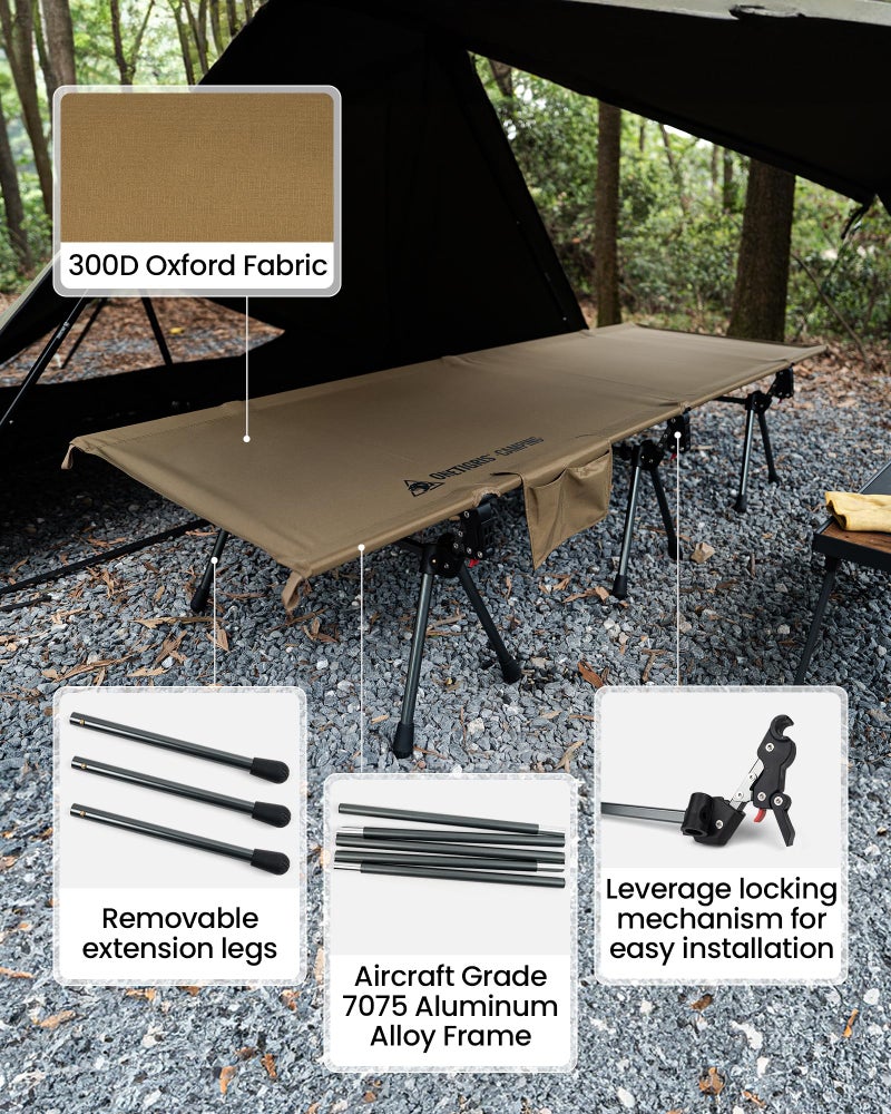 ONETIGRIS SUPRANUBIS Camping Cot, Height Adjustable with Cot Leg Extenders, Strong Support 330lbs, Lightweight Comfortable Folding Bed for Camping, Hiking, Travel, Truck, Beach, Office Nap - Image 2