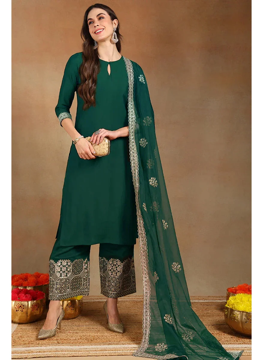 زيري سوق Teal Silk Blend Solid Straight Festive Kurta Palazzos With Dupatta