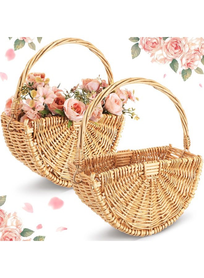 Willinglong 2 Pcs Wicker Flower Girl Baskets Wedding Flower Girl Baskets with Handle Half Moon Hand Woven Eggs Candy Storage Basket for Wedding Picnic Garden Storage Home Decor (Light Color) - Image 1
