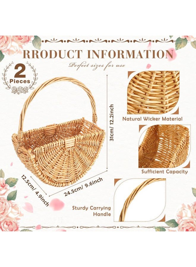 Willinglong 2 Pcs Wicker Flower Girl Baskets Wedding Flower Girl Baskets with Handle Half Moon Hand Woven Eggs Candy Storage Basket for Wedding Picnic Garden Storage Home Decor (Light Color) - Image 2