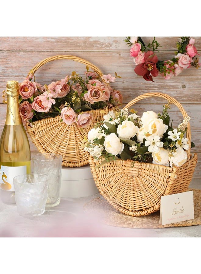 Willinglong 2 Pcs Wicker Flower Girl Baskets Wedding Flower Girl Baskets with Handle Half Moon Hand Woven Eggs Candy Storage Basket for Wedding Picnic Garden Storage Home Decor (Light Color) - Image 3