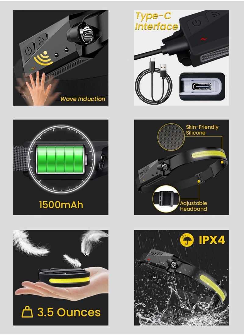 WangPangZi - Rechargeable LED Headlamp,COB 230° Wide Beam, 5 Modes of Lightweight Headlamps with Motion Sensors, Type-C USB Charging,Suitable for Night Running, Fishing, Cycling, Camping,Outdoor Lighting(3 Pack) - Image 1