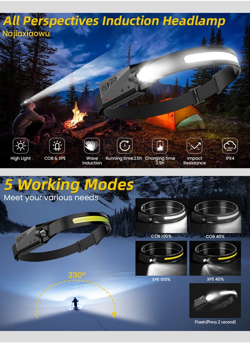 WangPangZi - Rechargeable LED Headlamp,COB 230° Wide Beam, 5 Modes of Lightweight Headlamps with Motion Sensors, Type-C USB Charging,Suitable for Night Running, Fishing, Cycling, Camping,Outdoor Lighting(3 Pack) - Image 1