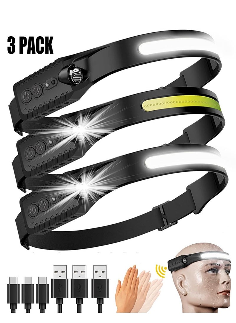 WangPangZi - Rechargeable LED Headlamp,COB 230° Wide Beam, 5 Modes of Lightweight Headlamps with Motion Sensors, Type-C USB Charging,Suitable for Night Running, Fishing, Cycling, Camping,Outdoor Lighting(3 Pack) - Image 1