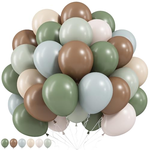 Froova Woodland Balloons 12 Inch Sage Green Brown and Sand White Balloon Double Stuffed Blue Balloon for Woodland Safari Jungle Forest Wild One Baby Shower Birthday Party Decorations - Image 1
