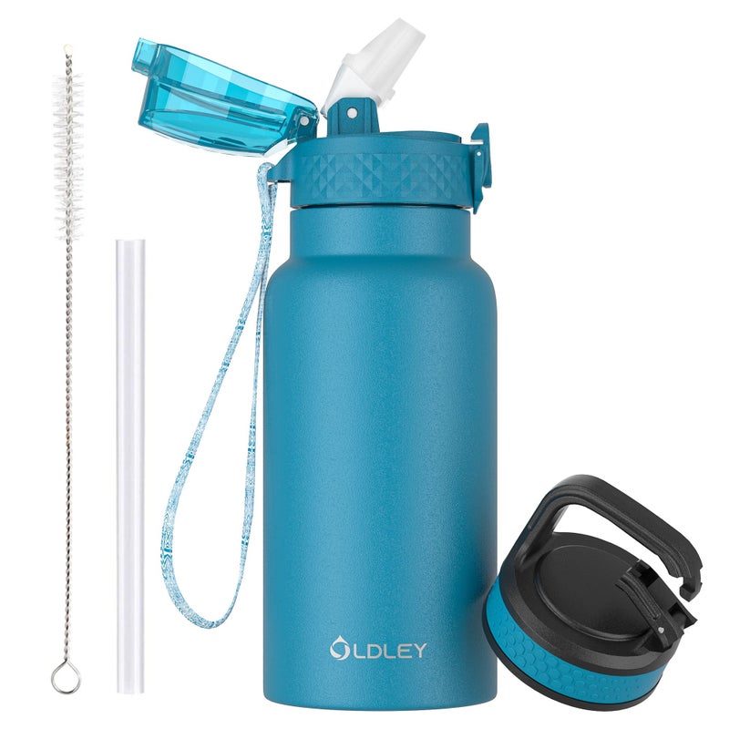 OLDLEY 500ml17oz Kids Stainless Steel Insulated Water Bottle with Straw Double Wall Metal Vacuum Leakproof Reusable Small Flask with 2 Different Lids Hot Cold Drinks for Boys Girls Toddler Children
