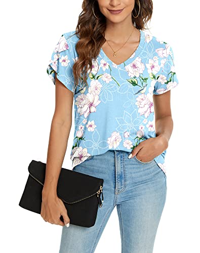 KUOTAI Womens Tops V Neck Summer Petal Short Sleeve Casual Blouses Shirts(Flower Light Blue, Medium) - Image 2