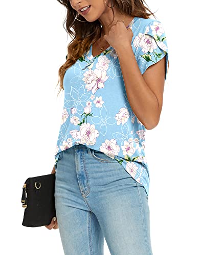 KUOTAI Womens Tops V Neck Summer Petal Short Sleeve Casual Blouses Shirts(Flower Light Blue, Medium) - Image 3