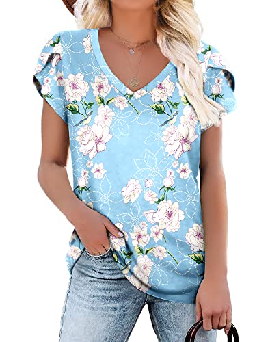 KUOTAI Womens Tops V Neck Summer Petal Short Sleeve Casual Blouses Shirts(Flower Light Blue, Medium) - Image 1
