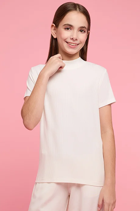 R&b Ribbed Top with High Neck and Short Sleeves
