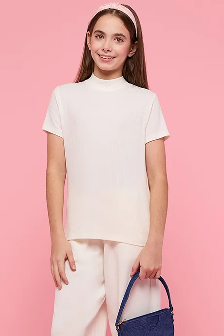 R&b Ribbed Top with High Neck and Short Sleeves
