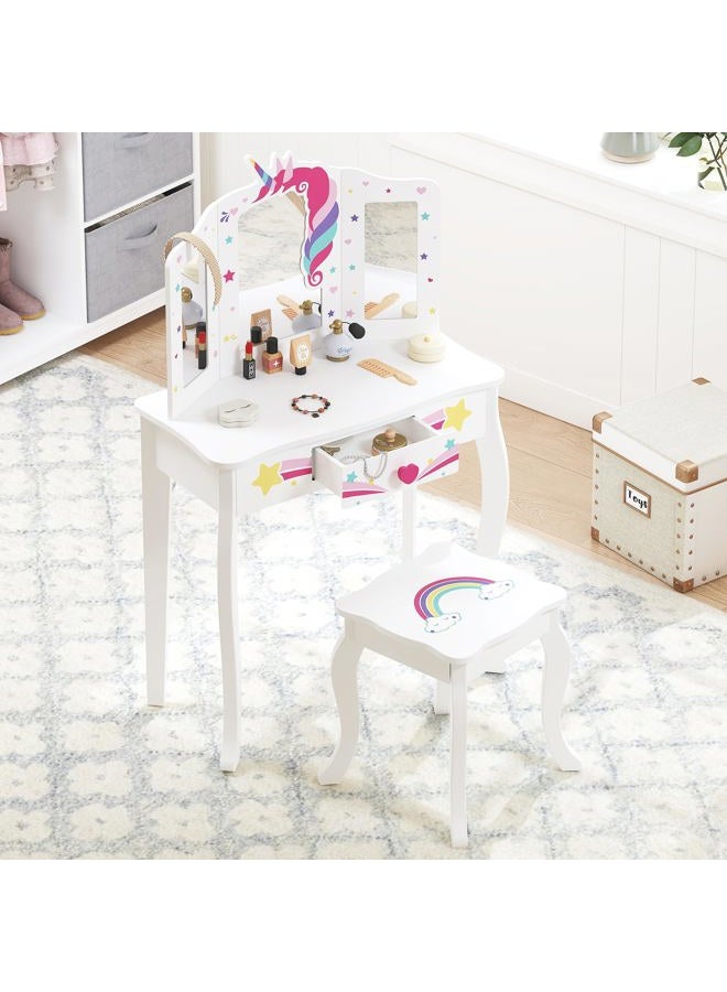 Spirich Kids Vanity Set with Mirror and Stool, Kids Make Up Vanity Desk for Little Girls, Children Makeup Dressing Table with Drawer - Image 5