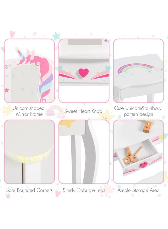 Spirich Kids Vanity Set with Mirror and Stool, Kids Make Up Vanity Desk for Little Girls, Children Makeup Dressing Table with Drawer - Image 3