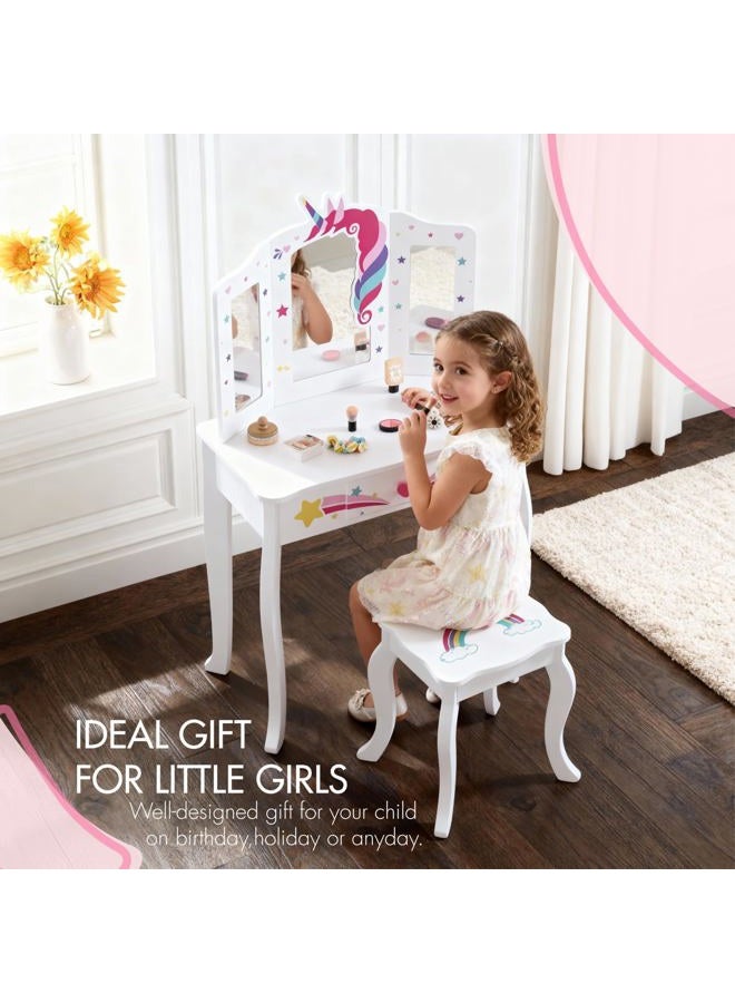 Spirich Kids Vanity Set with Mirror and Stool, Kids Make Up Vanity Desk for Little Girls, Children Makeup Dressing Table with Drawer - Image 2