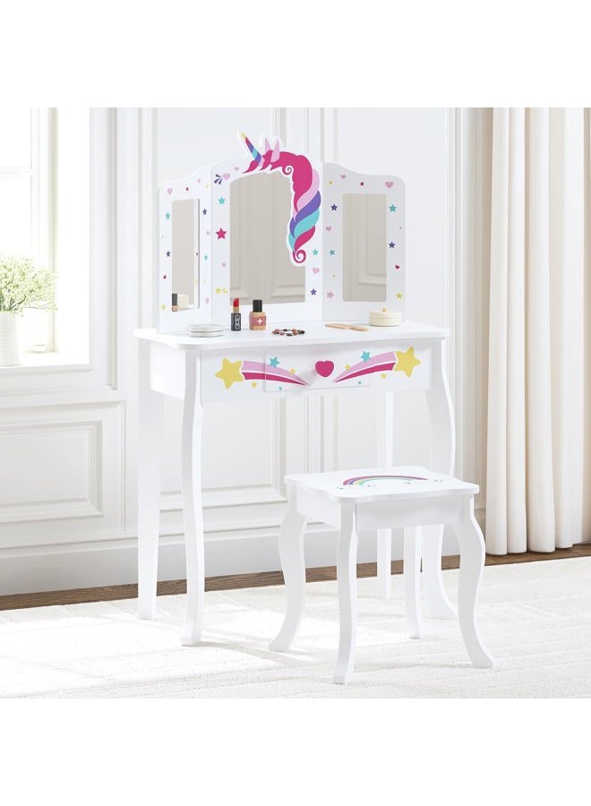 Spirich Kids Vanity Set with Mirror and Stool, Kids Make Up Vanity Desk for Little Girls, Children Makeup Dressing Table with Drawer - Image 1