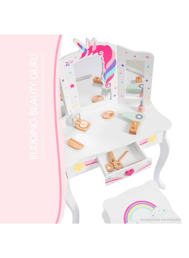 Spirich Kids Vanity Set with Mirror and Stool, Kids Make Up Vanity Desk for Little Girls, Children Makeup Dressing Table with Drawer - Image 4