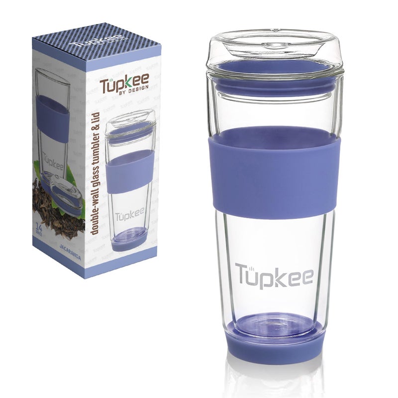 Tupkee Double Wall Glass Tumbler  14Ounce All Glass Hand Blown Reusable Insulated TeaCoffee Mug  Lid Travel Mug  Jacaranda