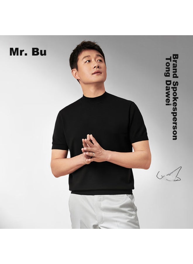 Mr. Bu Mr. Bu Washable Short-sleeve Wool T-shirt For Men, Autumn And Winter Base Layer Knit Sweater, Piano Black, L/175  - Image 1