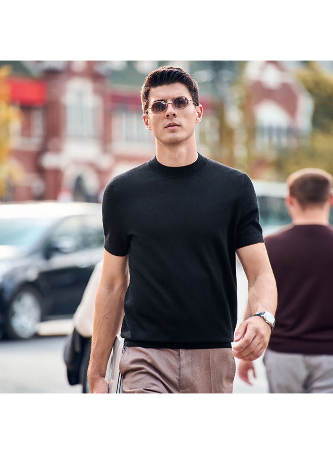 Mr. Bu Mr. Bu Washable Short-sleeve Wool T-shirt For Men, Autumn And Winter Base Layer Knit Sweater, Piano Black, L/175  - Image 2