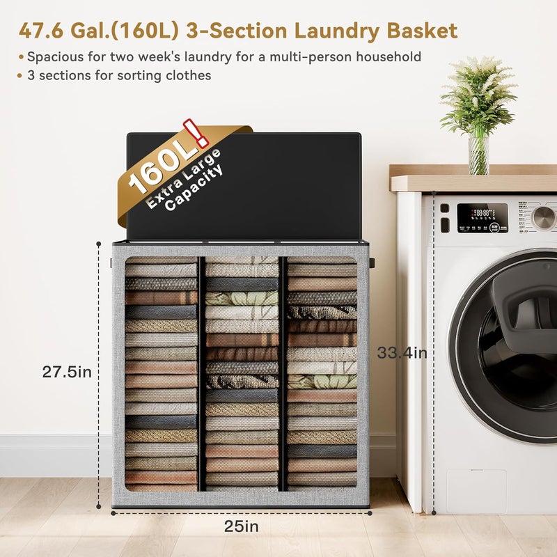 SOLEDI 160L Laundry Hamper 3 Section, Extra Large Laundry Hamper with Lid, Dirty Clothes Hamper with Sturdy Handle, Large Laundry Basket Organizer for Laundry Room, Bedroom, Hampers for Laundry - Image 2