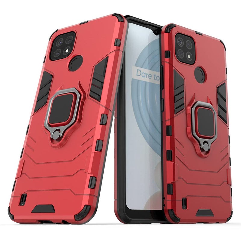 MaiJin Compatible with OPPO Realme C21 Case, Metal Ring Grip Kickstand Bumper (Works with Magnetic Car Mount) Dual Layer Rugged Cover (Red) - Image 1
