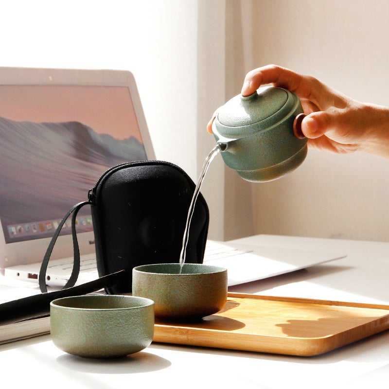 Japanese Express Cup Travel Kung Fu Tea Set Portable Case Ceramic Personal Teapot Black Pottery One Pot Two Cup Set - Image 4
