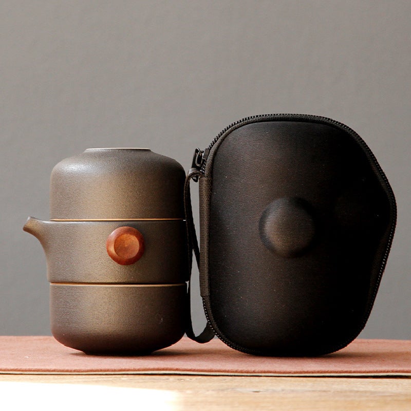 Japanese Express Cup Travel Kung Fu Tea Set Portable Case Ceramic Personal Teapot Black Pottery One Pot Two Cup Set - Image 1