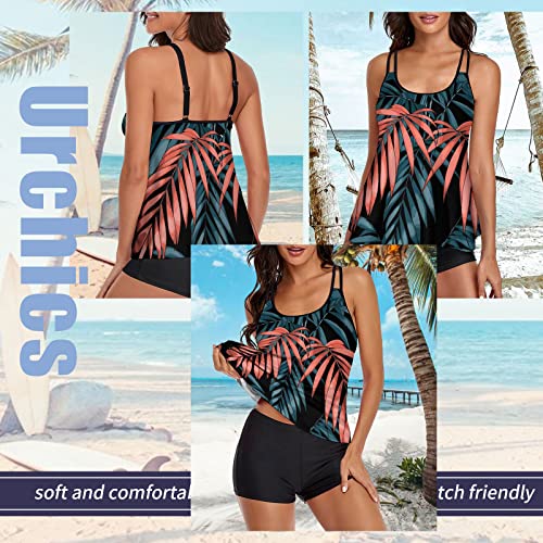 Urchics Womens Gray Tankini Swimsuit Tank Top Two Piece Bathing Suits with Boyshorts Print Leaf L - Image 2
