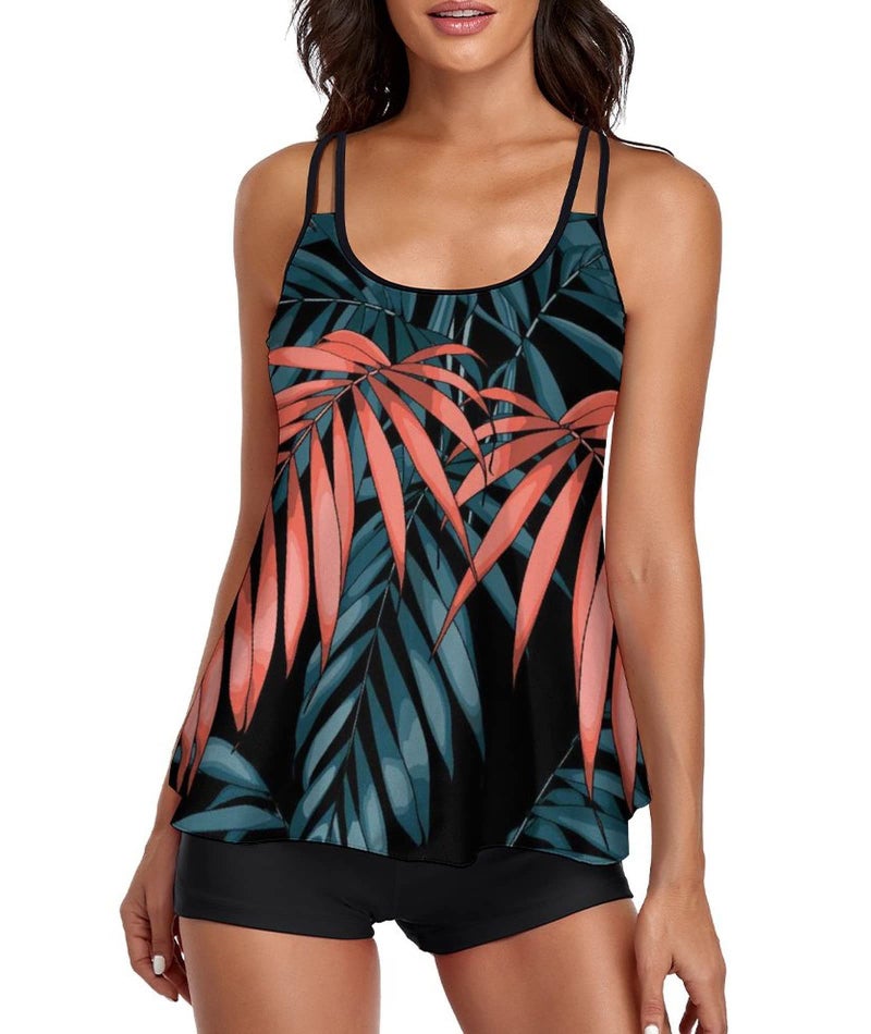Urchics Womens Gray Tankini Swimsuit Tank Top Two Piece Bathing Suits with Boyshorts Print Leaf L - Image 5