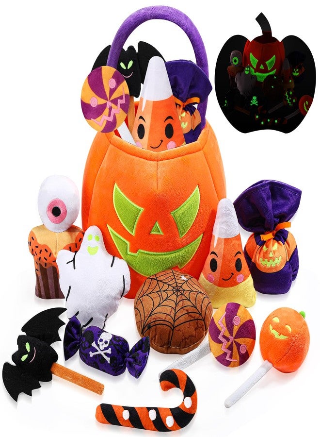 Liliful 11 Pcs My First Halloween Pumpkin Toys Playset, Glow in The Dark Stuffed Animals, 14" Large Plush Pumpkin Basket with Ghost Bat Spider Candy Corn for Baby Girls Boys Gifts Party Favors - Image 1