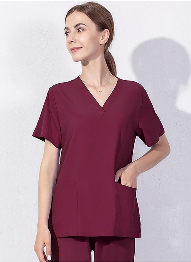 Loquat V-Neck Medical Uniform Scrubs Top for Women Workwear Soft Comfty Easy Care Wine Red 