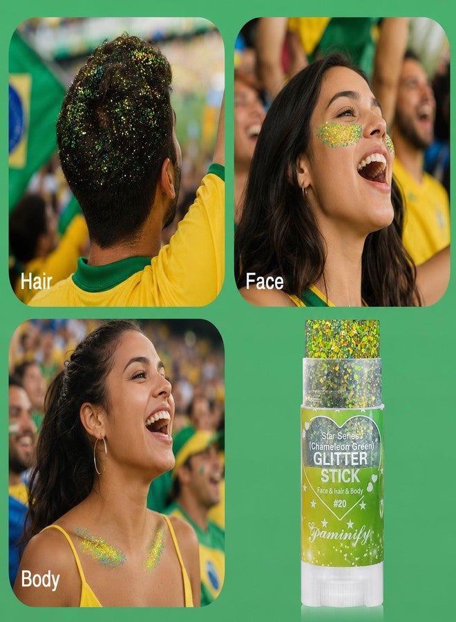 Paminify Gold Green Brazil Face Glitter Stick, Brasil Green Yellow Body Hair Glitter Accessories,Cheer Glitter Makeup for Soccer Game,Waterproof Shimmer St Patricks Day Rave Carnival Singer Concert - Image 4