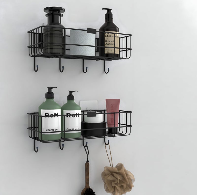 Homeor Self Adhesive Bathroom Shelf with 4 Hooks for Wall/Shelf Organizer/Kitchen Shelf with Magic Stickers, Saving Wall Mounted Bathroom Shelf, Pack of 2, Black Powder Coated - Image 1