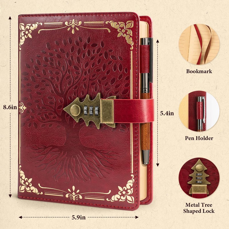 WEMATE Lock Journal with Pen & Gift Box, A5 260 Pages, Refillable, Hardcover Leather Password Notebook for Writing, Vintage Lock Diary for Women, Girls, Men, Students, 8.6 x 5.8 in, Red - Image 3